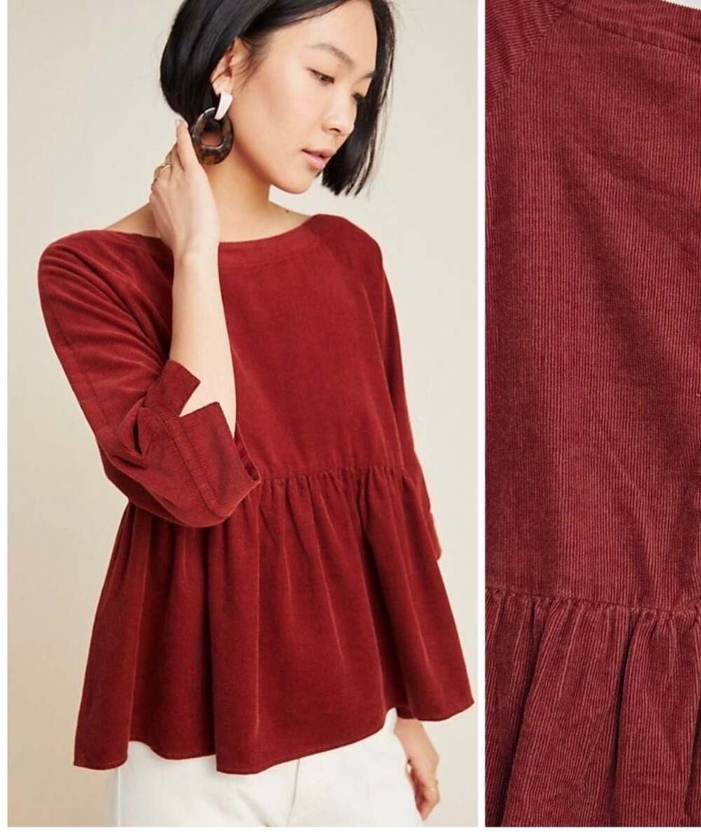 Maeve by Anthropologie Burgundy Corduroy Peplum Babydoll Blouse Top XS